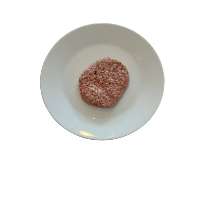 COUNTRY STYLE BREAKFAST PATTIES 8:1, 2 OZ. ITEM #1310 uncooked on plate