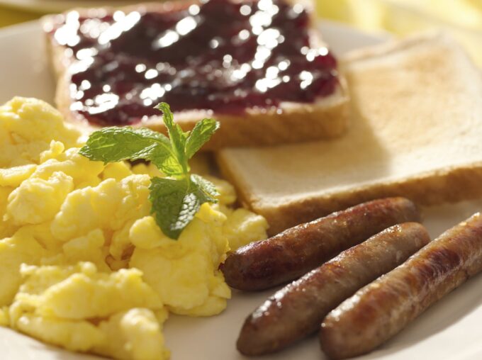 Polidori Sausage Links, eggs and toast