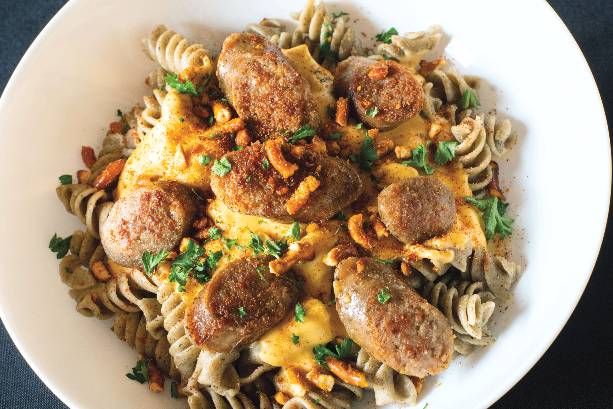 Bavarian Herb Rye Fusilli with Beer Cheese Sauce and Polidori Brat ...
