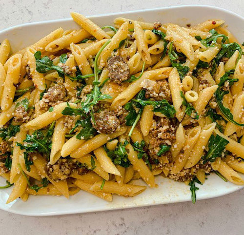 Penne with Arugula, Polidori Chorizo, and Romano - Polidori Sausage