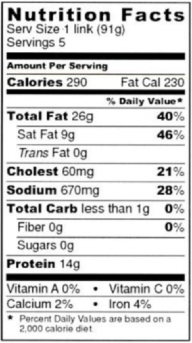 BRATWURST LINKS 5:1, 6”, Skinless ITEM #1026 nutritional panel